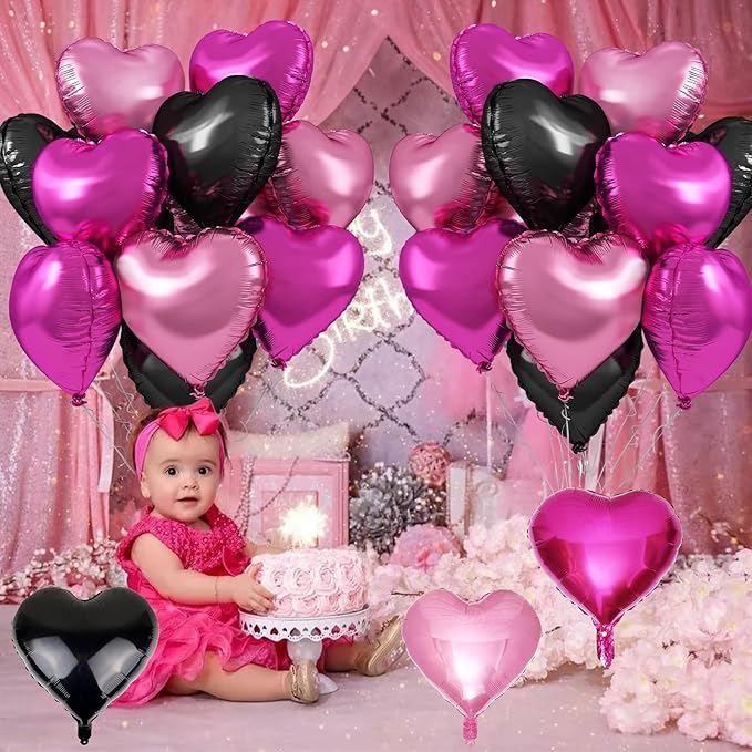 Pink Black Heart Foil Balloons, 12Pcs 18 Inch Hot Pink and Black
