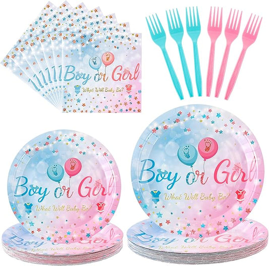 96 PCS Gender Reveal Plates Set Serve 24 Disposable Tableware for