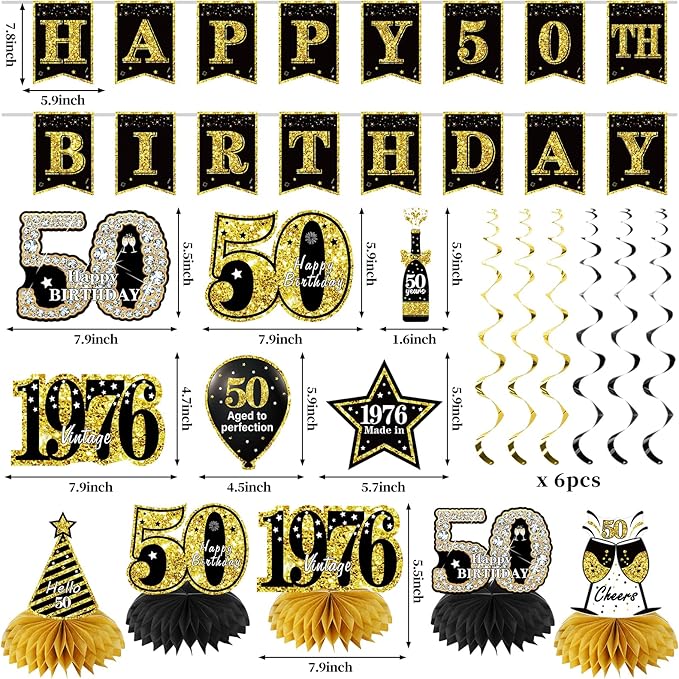 50th Birthday Decorations for Men Women 21pcs the Year 1976 Banner