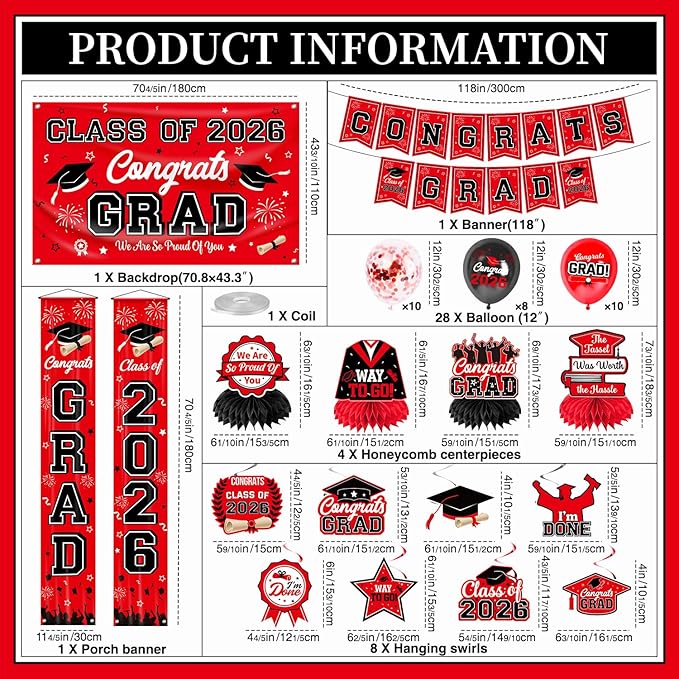 Graduation Decorations Red and Black Party Decor Set include Congrats