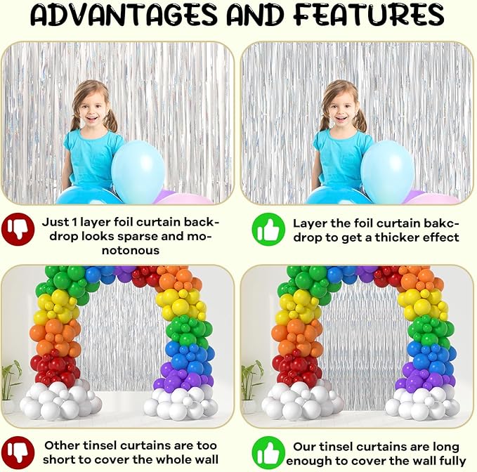 Voircoloria 2 Pack Laser Silver Foil Fringe Backdrop Curtains, Tinsel