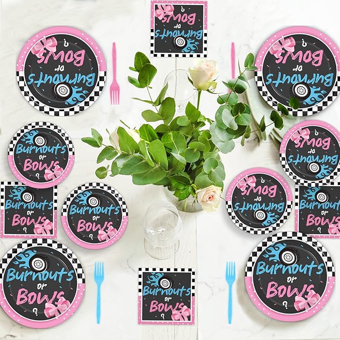 96 Pcs Gender Reveal Burnouts or Bows Party Plate and Napkins