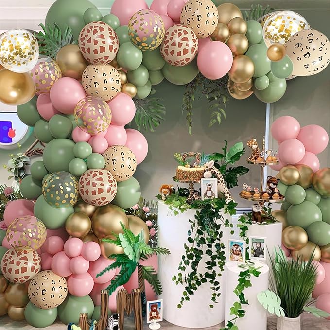 170Pcs Jungle Safari Balloons Garland Arch Kit Animal Printed Pink