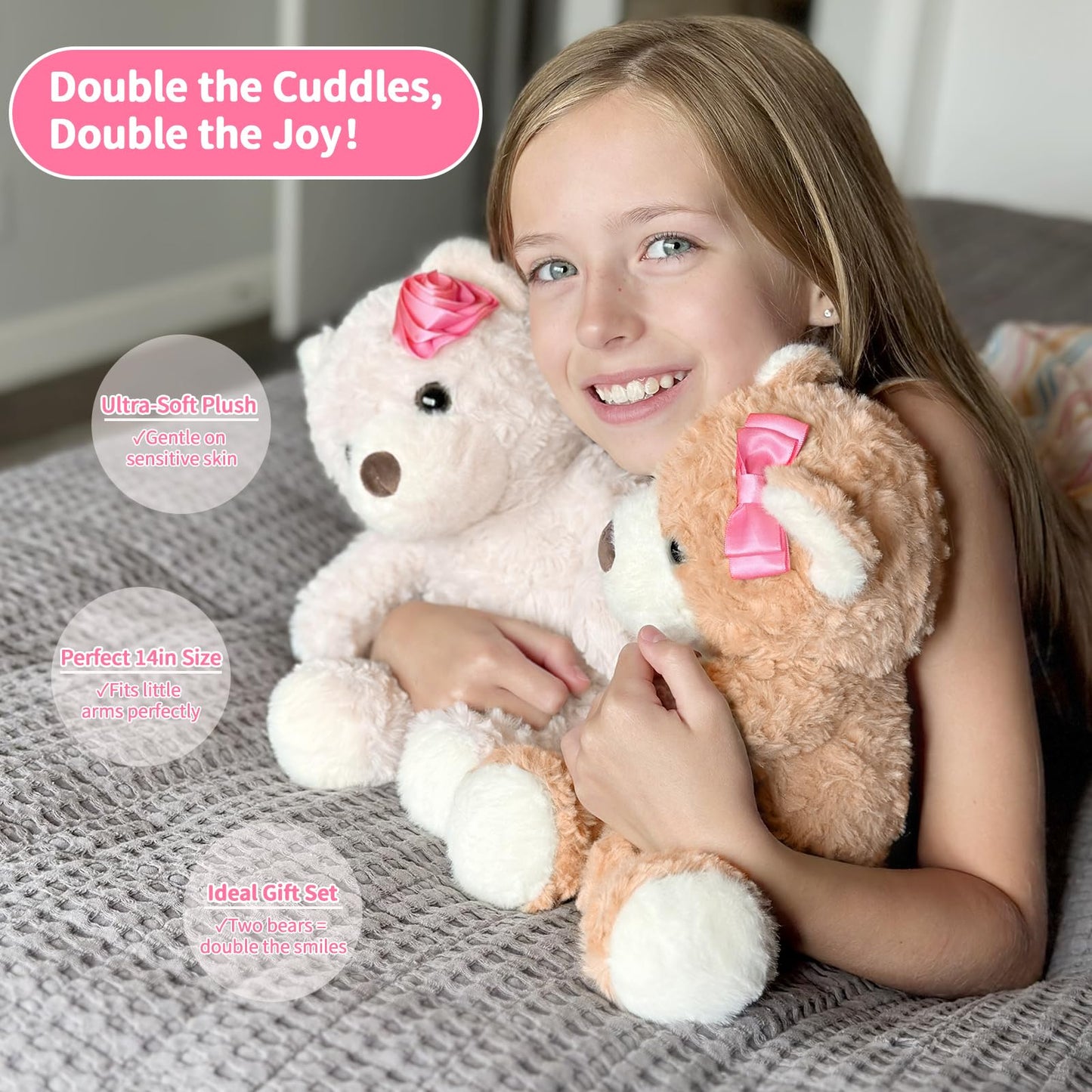 Muiteiur 2 Packs Teddy Bears Bulk, 13.8 Inch Teddy Bear Set with Pink