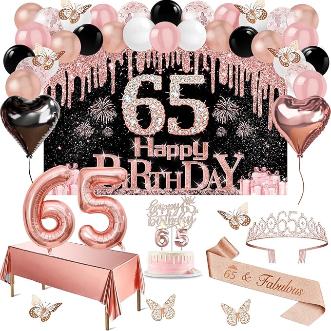 65th Birthday Decorations for Women 49pcs Black Rose Gold Black