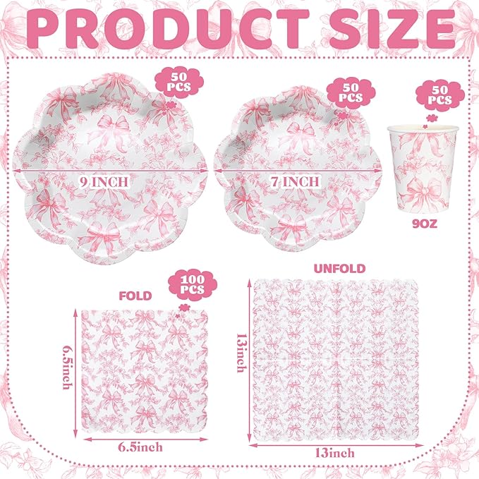 250 Pcs Pink Bow Paper Plates and Napkins Coquette Valentine's Day