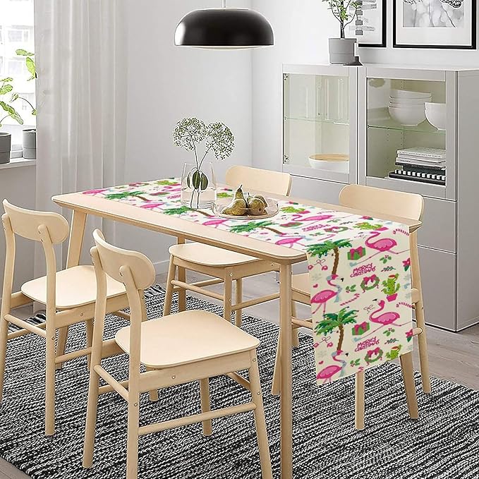Summer Flamingo Table Runner, Cute July Christmas Flamingo Tropical