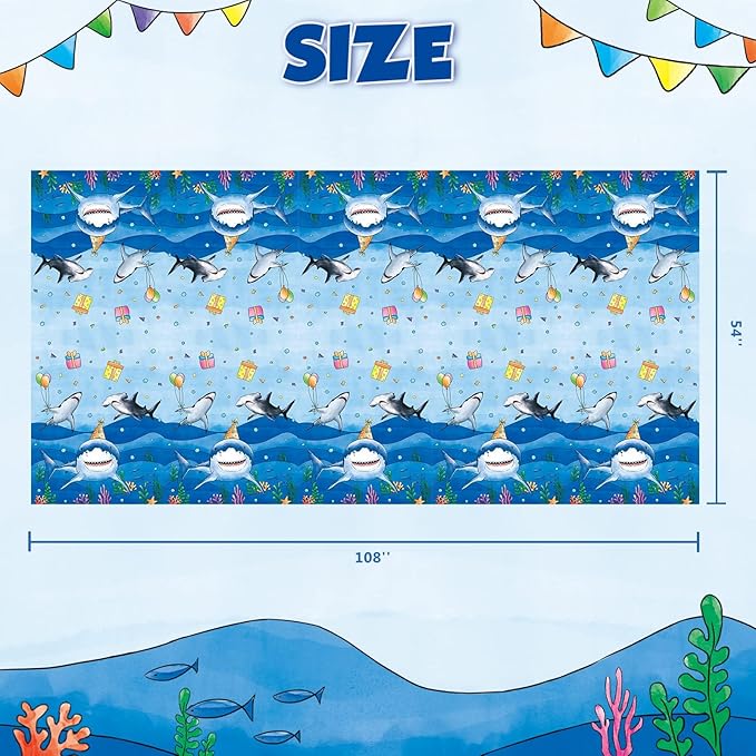 WERNNSAI 1PCS Shark Table Cloth - Shark Birthday Decorations Blue