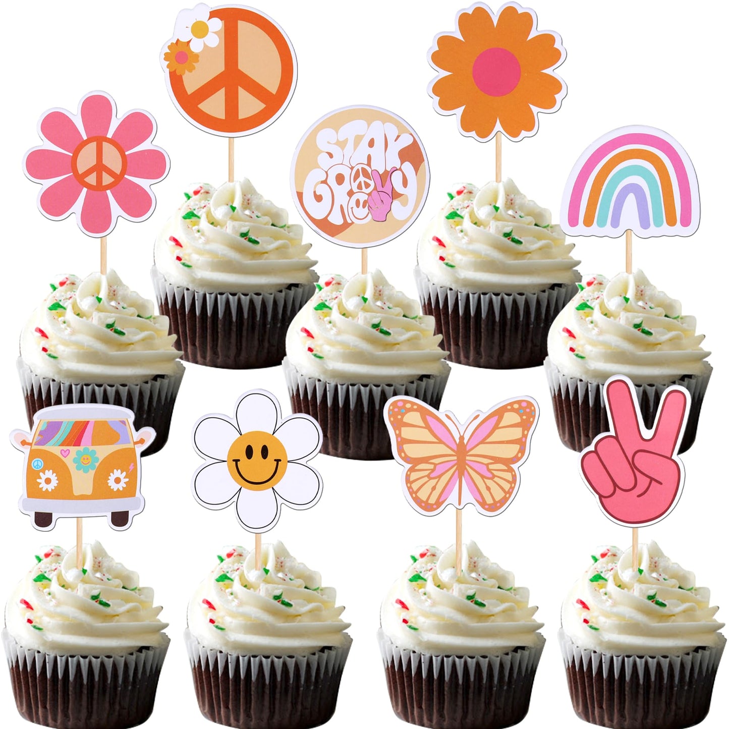 Rsstarxi 36 Pack Groovy Cupcake Toppers Hippie Party Cake Decorations