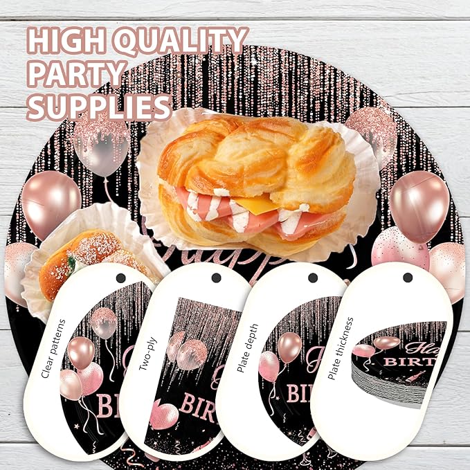 96 Pcs Rose Gold Birthday Decorations for Women Pink and Black