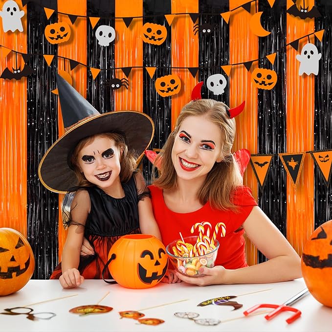 Orange Black Tinsel Foil Fringe Curtains, 2 Pack 3.3x8.3 Feet Party