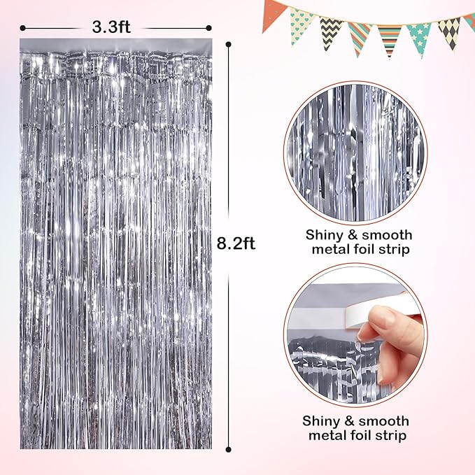 Silver Metallic Tinsel Foil Fringe Curtains, 2 Pack 3.3x8.3 Feet