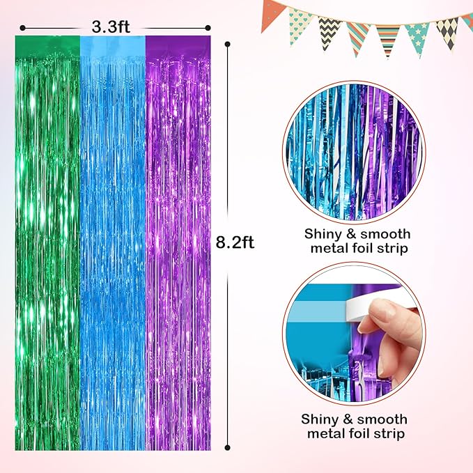 Rainbow Metallic Tinsel Foil Fringe Curtains, 2 Pack 3.3x8.3 Feet