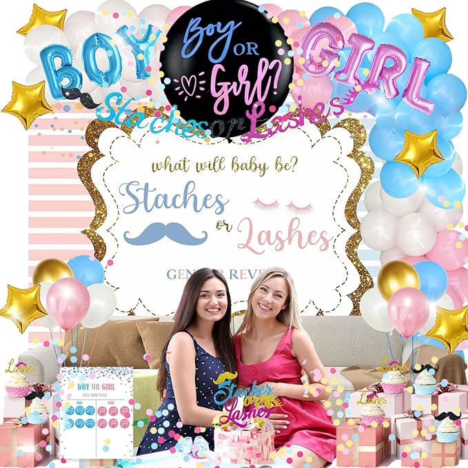 Staches or Lashes Gender Reveal Decorations 169 PCs Boy or Girl