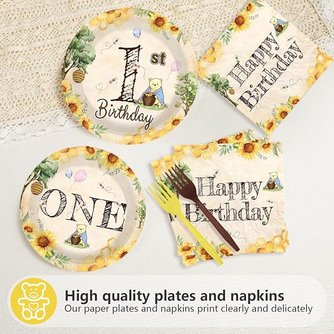 96Pcs Classic Bear 1st Birthday Decorations Watercolor Bear Plates