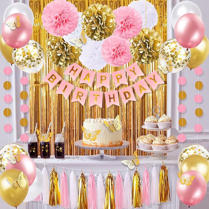 Pink and Gold Birthday Party Decorations for Women with Happy