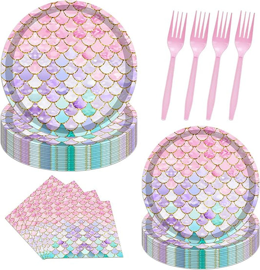 96PCS Mermaid Plates and Napkins Tableware Set Mermaid Party