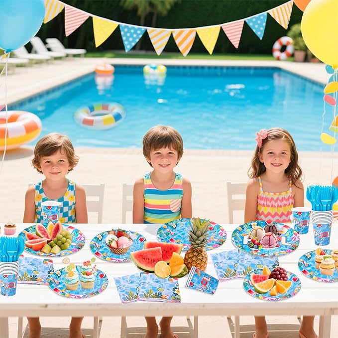 Pool Party Supplies Summer Decorations include Pool Party Plates