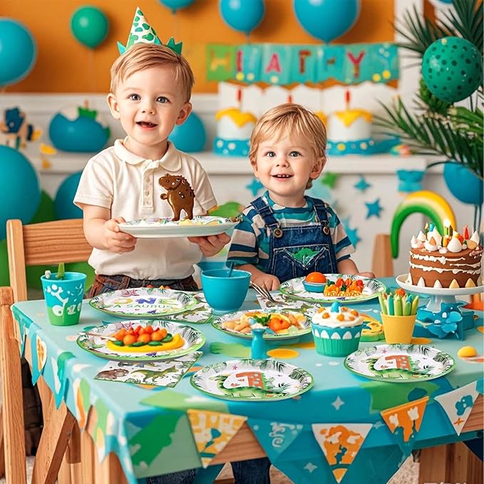96Pcs Dinosaur 1st Birthday Decorations Cartoon Dinosaurs Plates and