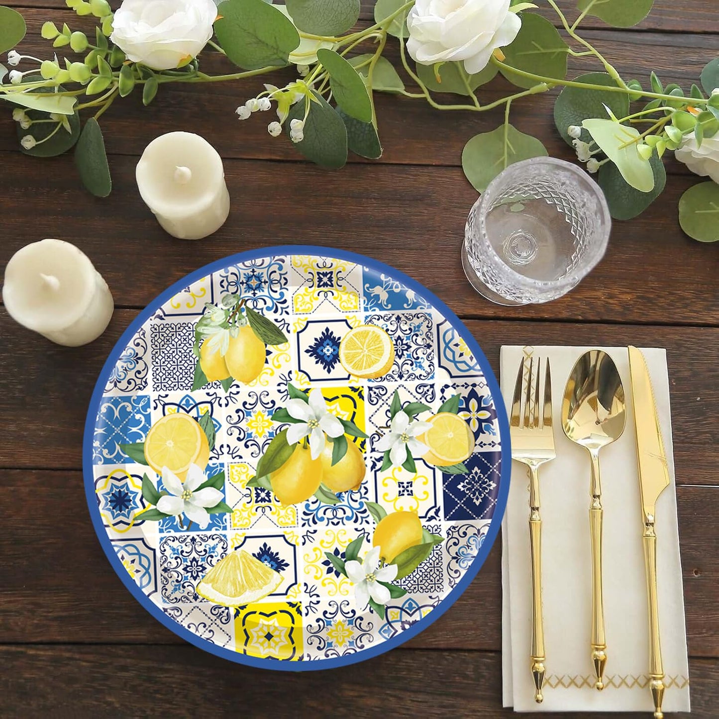HSPAIDYP 50PCS Lemon Party Supplies7 Capri Lemon Paper Plates Blue