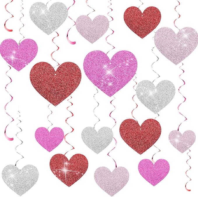 32 Pcs Valentines Party Decorations Pink Red Heart Hanging Swirls