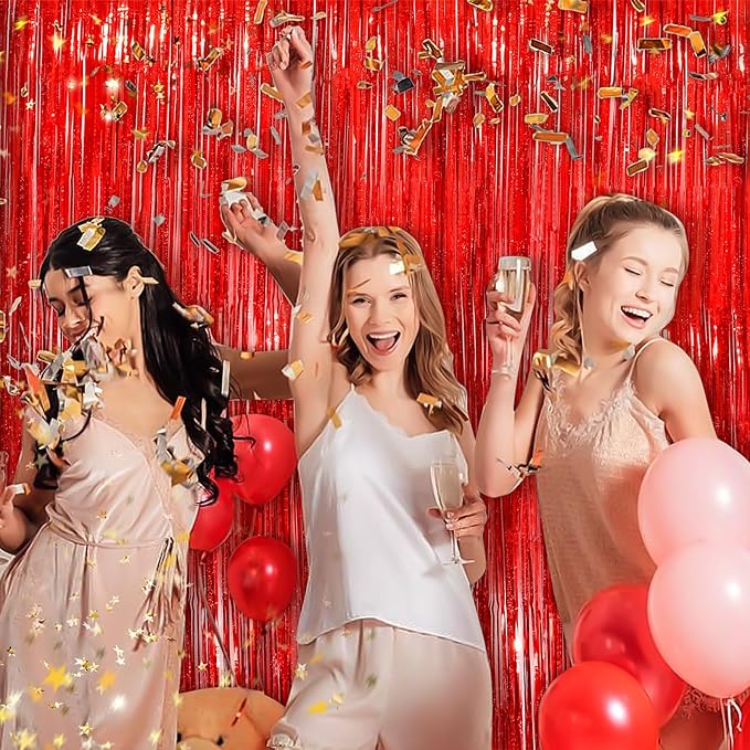 Red Metallic Tinsel Foil Fringe Curtains, 2 Pack 3.3x8.3 Feet Party
