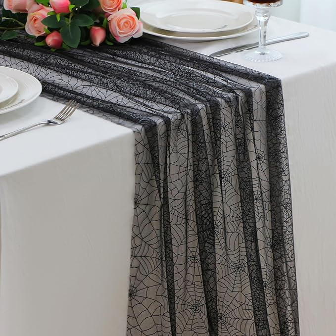 Snowkingdom Halloween Table Runner, 10 FT Black Spider Web Runners