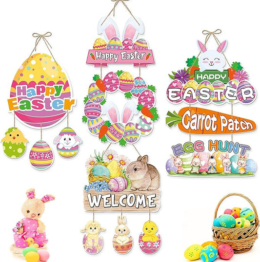 Easter Egg Bunny Home Front Door Hanger Decor 4pcs Pastel Rainbow