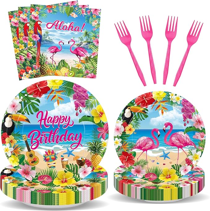 100 Pcs Tropical Aloha Flamingo Birthday Party Supplies Set Serves