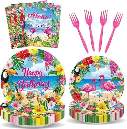 100 Pcs Tropical Aloha Flamingo Birthday Party Supplies Set Serves