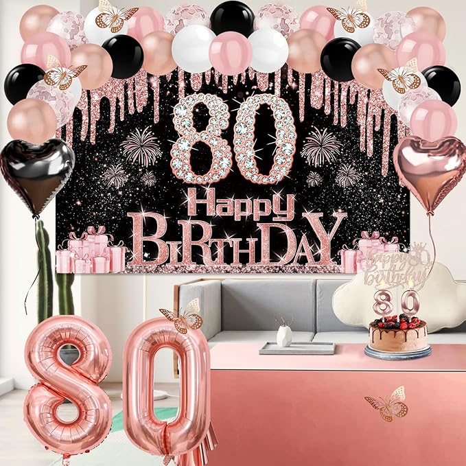 80th Birthday Decorations for Women 49pcs Black Rose Gold Black