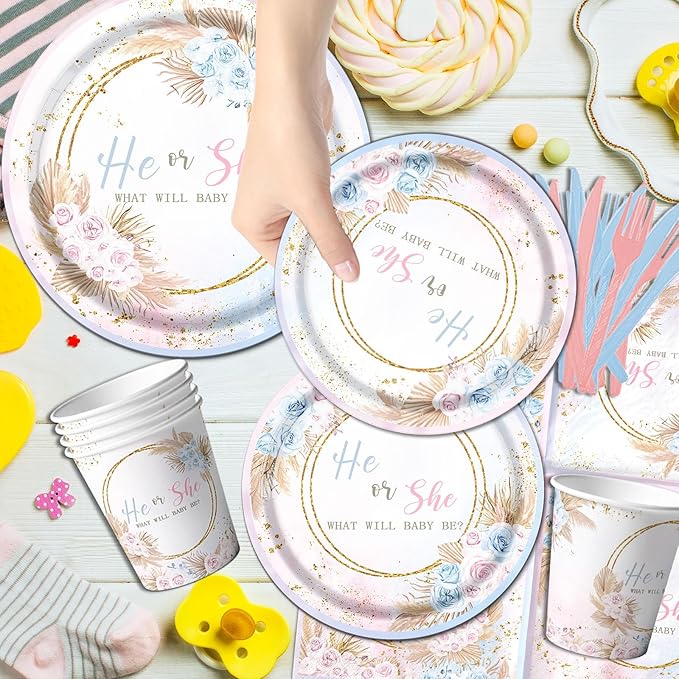 Boho Baby Shower Decorations 142Pcs Gender Reveal Plates Napkins