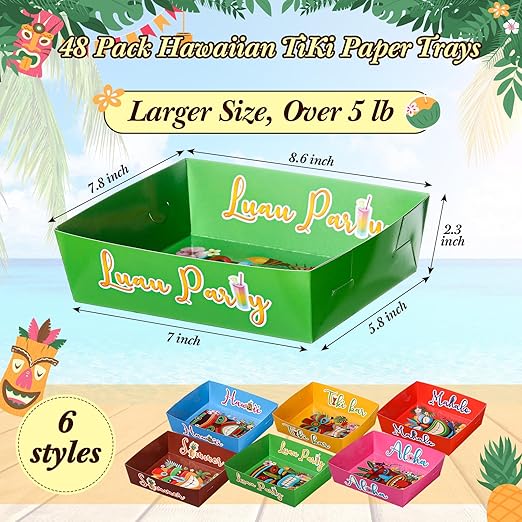 48 Pack Hawaii Party Paper Tray Aloha 5lb Tiki Paper Disposable Boat