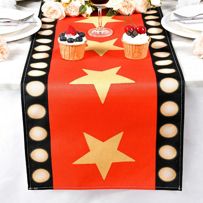 13 x 72 Inch Movie Night Table Runner with Gold Star Design Red