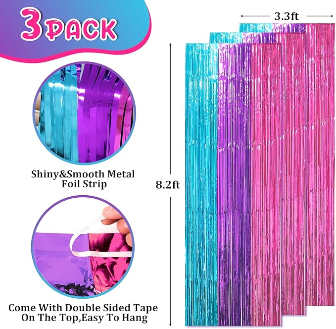Voircoloria 3 Pack 3.3 x 8.2 ft Blue Purple Pink Foil Fringe Backdrop