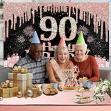 90th Birthday Decorations for Women with Banner Rose Gold Tablecloth