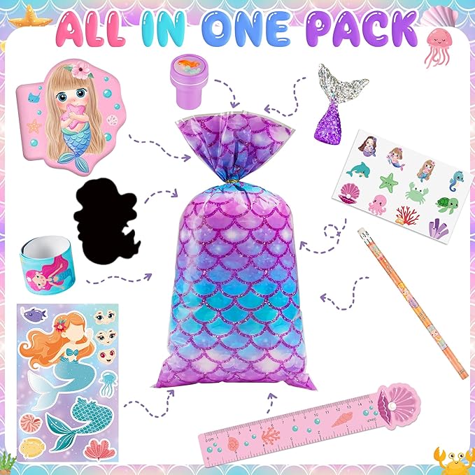 120Pcs Mermaid Party Favors Stickers Pencils Notebooks Stampers