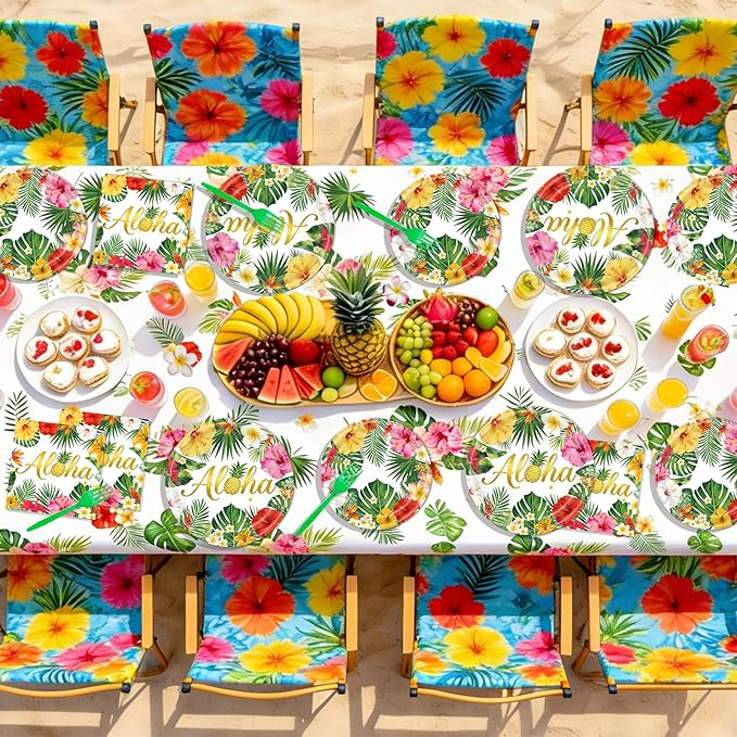 Luau Party Decorations 99Pcs Hawaiian Aloha Party Plates Serve 24