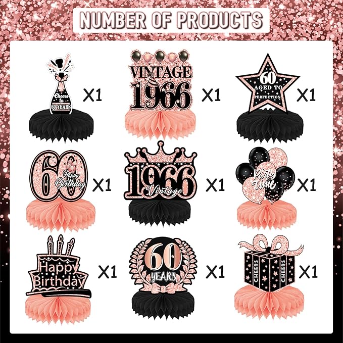 60th Birthday Decorations for Women, 9pcs 60th Birthday Party Table