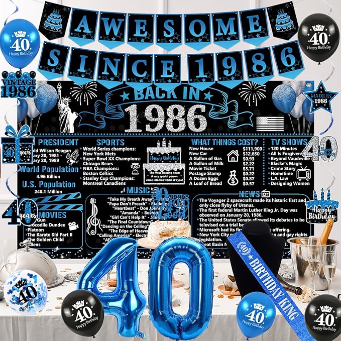 40th Birthday Decorations for Men 20PCS Black Blue Back in 1986