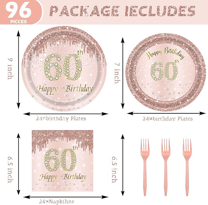 24 Sets 60th Rose Gold Birthday Party Decrations for Women 60