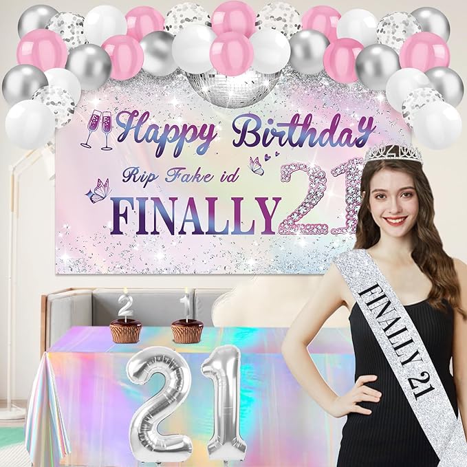 21st Birthday Decorations for Her with Finally 21 Banner Iridescence