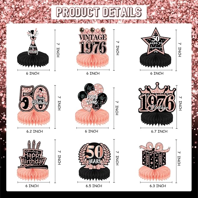 50th Birthday Decorations Women, 9pcs Rose Gold 50 Birthday Party