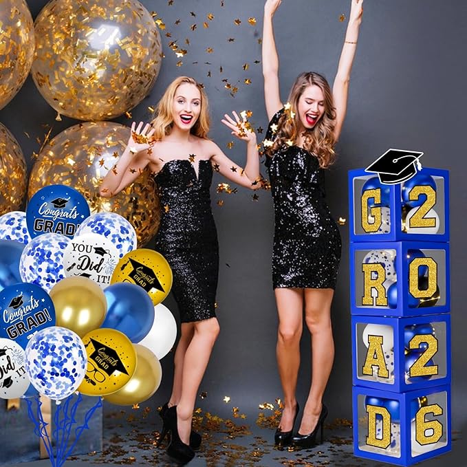 Graduation Decorations Class of 2026 - Blue and Gold Balloons Boxes