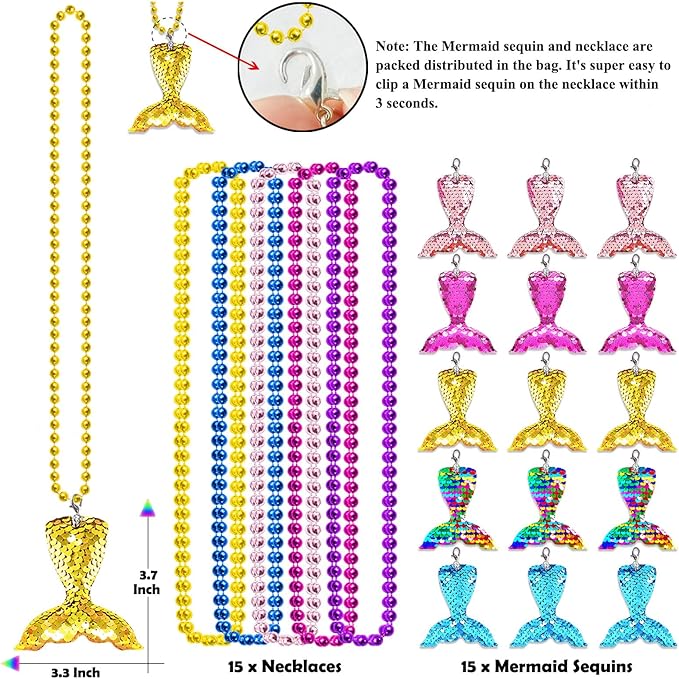 15 Pack Mermaid Sequin Necklace Party Favors with Mardi Gras Beads