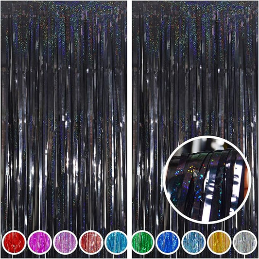 Melsan Black Tinsel Backdrop Streamers, Black Foil Fringe Curtains