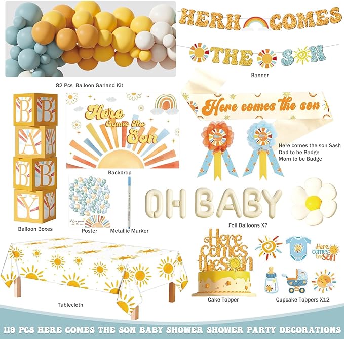Here Comes the Son Baby Shower Decor 119 PCs Boys Boho Baby Shower