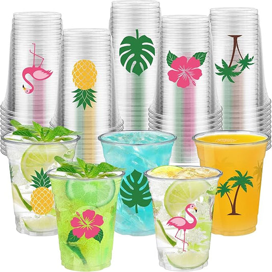 50 PCS Hawaiian Luau Cups 12 oz Plastic Tropical Cups Hawaii Party