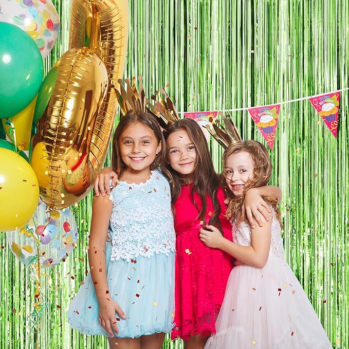 Light Green Metallic Tinsel Foil Fringe Curtains, 2 Pack 3.3x8.3 Feet
