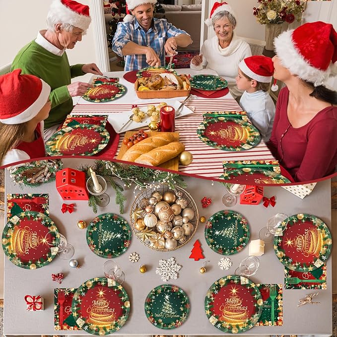 96PCS Christmas Party Supplies Paper Plates & Napkins in Red & Green